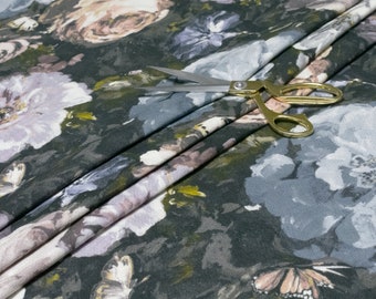 Clarke and Clarke - Floretta - Blush / Charcoal - Designer Fabric Per Metre - Dramatic Dark Painterly Floral Print