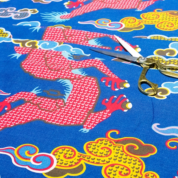 Schumacher - Magical Ming Dragon - Navy - Tibetan Inspired Mythical Creature Fabric Per Metre