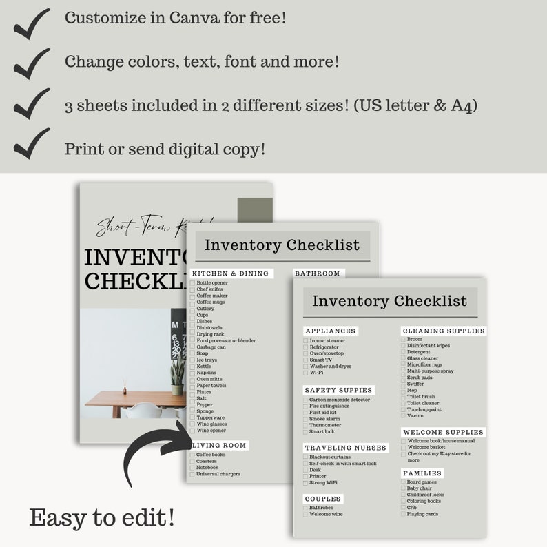 Shortterm Rental Inventory Checklist, Vacation Rental Cheklist, Stocking Cheklist, Beginner