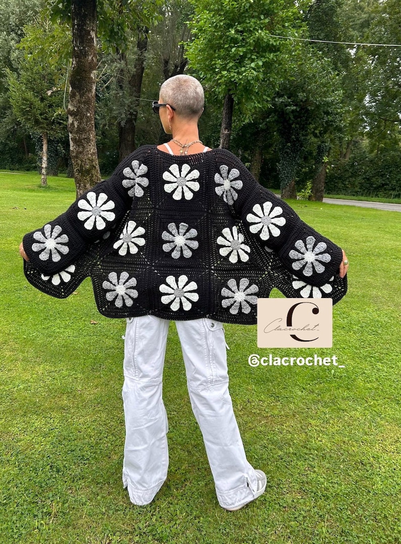 PDF crochet pattern + videos VINTAGE CARDIGAN granny square, crochet cardigan, daisy cardigan, women's cardigan, flower cardigan image 8