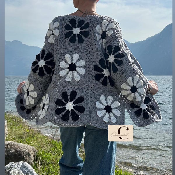 PDF crochet pattern + videos VINTAGE CARDIGAN granny square, crochet cardigan, daisy cardigan, women's cardigan, flower cardigan