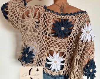 PDF crochet pattern with videos Dahlia Flowers Top, crochet flowers top, crochet top, crochet flower top, crochet openwork top