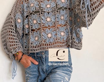 Haakpatroon voor een top met maanbloemmotief (PDF) | Boho-trui met granny squares | Gehaakte top met mesh-structuur | Handleidingen in het Engels en Italiaans