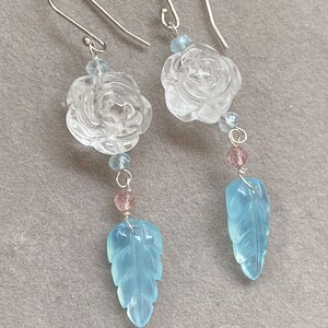 Aquamarine earrings 3D rock crystal rose 925 sterling silver  artisan jewelry hand crafted