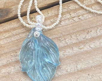 Natural Aquamarine pendant with genuine river pearls for necklace Hand-crafted