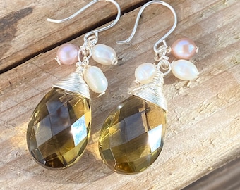 large Lemon quartz earrings faceted with cultured pearls  artisan jewelry