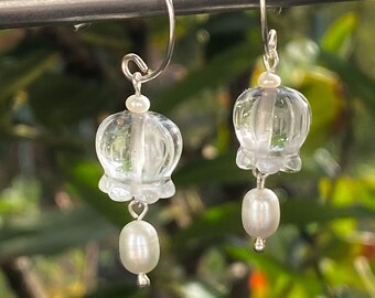 Natural rock crystal bell flower earrings quartz seed pearls artisan jewelry