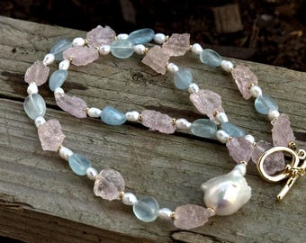 necklace morganite raw stones aquamarine barock pearls