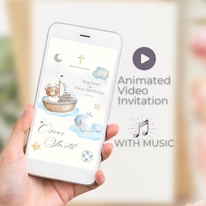 Invito video battesimo ragazzo, invito digitale battesimo orso marinaio, invito animato primo compleanno nautico, invito marino personalizzato