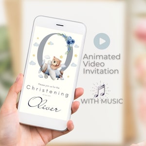 Invitación en video de bautismo para niños, invitación digital de bautizo, invitación animada del primer cumpleaños del oso electrónico, invitación electrónica móvil personalizada