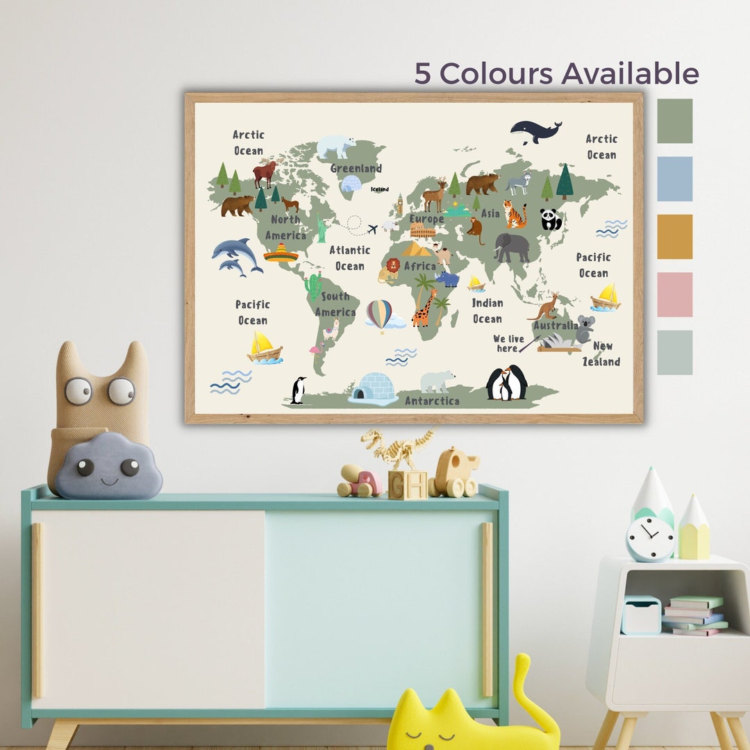 World Map Kids Bedroom Print Nursery World Map Animals of the - Etsy