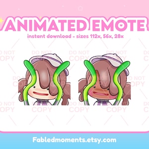 Op de afbeelding: Geanimeerde emote-afbeelding met een stripfiguur met bruin haar, een witte hoed en groene ranken. De tekst "ANIMATED EMOTE" en "direct downloaden" zijn aanwezig. De achtergrond is roze met sterren en een blauwe rand.