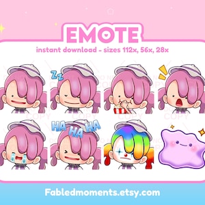 Op de afbeelding: Een digitale download met acht cartoon-emotes. Het personage met roze haar draagt een witte hoed en toont verschillende emoties. Het woord 'EMOTE' staat bovenaan.