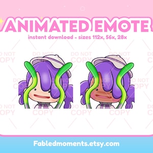 Op de afbeelding: Geanimeerde emote-afbeelding met een stripfiguur met paars haar, groene ranken en een witte hoed. De tekst "ANIMATED EMOTE" staat bovenaan. De afbeelding staat op een roze en blauwe achtergrond. De tekst "instant download - sizes 112x, 56x, 28x" is ook opgenomen.