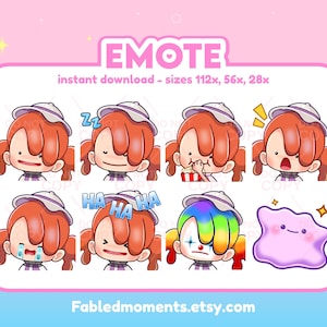 Op de afbeelding: Een digitale downloadafbeelding met acht cartoon-emotes van een personage met rood haar en een witte hoed. De emotes drukken verschillende emoties uit, waaronder slaap, verbazing en lachen. De tekst "EMOTE" staat bovenaan.