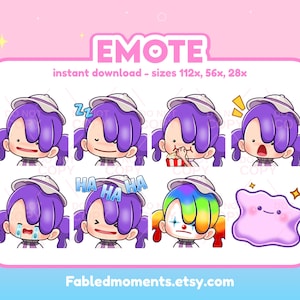 Op de afbeelding: Een verzameling digitale emotes met een stripfiguur met paars haar en een witte hoed, die verschillende emoties uitdrukt. De emotes bevatten tekst als "EMOTE" en "HA HA". De achtergrond is roze met sterren.