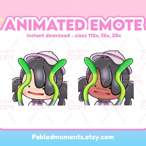 Op de afbeelding: Geanimeerd emote-ontwerp met een stripfiguur met zwart haar, een witte hoed en groene ranken. Het personage heeft een lichte huidskleur en draagt een paars-witte outfit. Tekst luidt "ANIMATED EMOTE" en "instant download - sizes 112x, 56x, 28x."