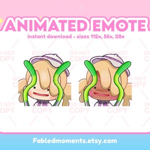Op de afbeelding: Geanimeerde emote-afbeelding met een stripfiguur met een beige hoofd, groene ranken en een witte hoed. De tekst "ANIMATED EMOTE" staat bovenaan, met "direct downloaden" details. De achtergrond is roze en blauw met sterren.