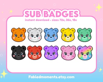 May include: Set of 10 colorful cartoon bear face icons. The bears have different colored fur and are all smiling. The text "SUB BADGES" is at the top of the image. The text "instant download - sizes 72x, 36x, 18x" is below the title. The text "Fabledmoments.etsy.com" is at the bottom of the image.