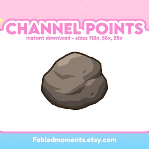 May include: A cartoon illustration of a grey rock, centred on a white background within a pink frame. The text "CHANNEL POINTS" is at the top, with "instant download - sizes 112x, 56x, 28x" below it. The Etsy shop name is at the bottom.