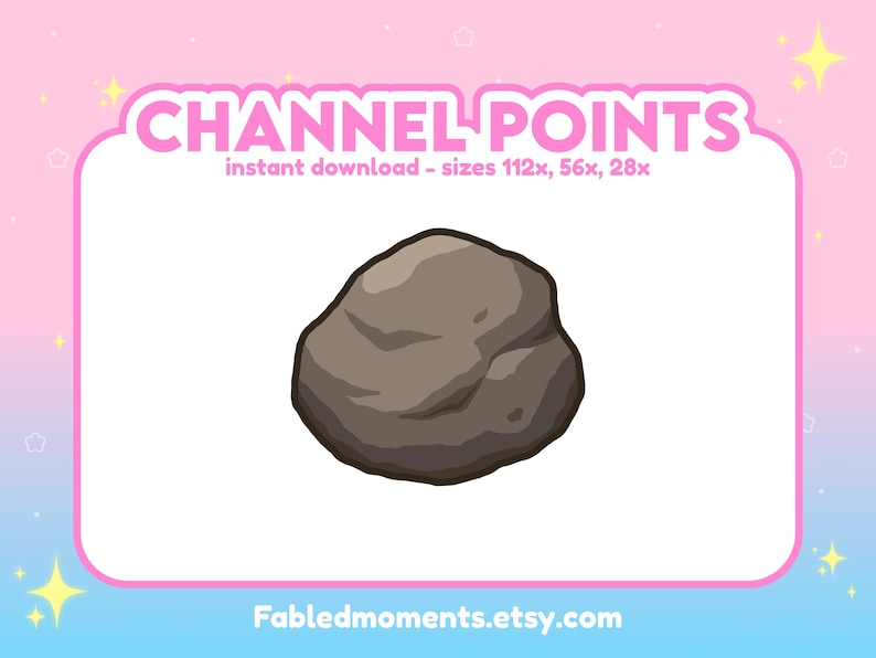 May include: A cartoon illustration of a grey rock, centred on a white background within a pink frame. The text "CHANNEL POINTS" is at the top, with "instant download - sizes 112x, 56x, 28x" below it. The Etsy shop name is at the bottom.