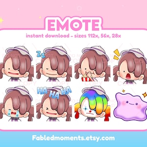 Op de afbeelding: Een digitale downloadafbeelding met acht cartoon-emotes met een meisje met een witte hoed en vlechtjes. De emotes tonen verschillende uitdrukkingen, waaronder slapen, lachen en huilen. Het woord "EMOTE" staat bovenaan.