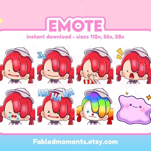 Op de afbeelding: Een verzameling digitale emotes met een stripfiguur met rood haar en een witte hoed, die verschillende emoties uitdrukt. De emotes omvatten uitdrukkingen van slaap, verbazing en lachen. De afbeelding bevat ook de tekst "EMOTE" en "direct downloaden".