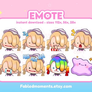 Op de afbeelding: Een digitale downloadafbeelding met acht cartoon-emotes. De emotes beelden een blond personage af met verschillende uitdrukkingen, waaronder slapen, verrast en huilen. De afbeelding bevat de tekst "EMOTE" en "direct downloaden".
