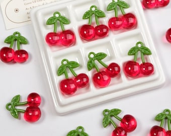 Dijes de cereza roja acrílica, dijes de fruta, suministros de joyería de cereza, 26 mm x 31 mm