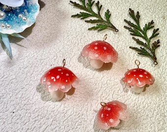 Hand Painted Mushroom Pendant, Ultra Light Plastic , Woodland Jewelry Making Supply, Fairy Core Charm