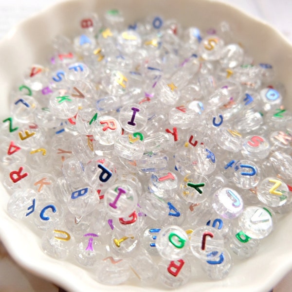 100PCS Colorful Letter Beads, Clear  Name Initial Letter Beads ,  DIY Round Plastic Alphabet Beads Necklace Bracelet DIY Jewelry Findings