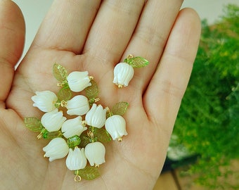 Cuentas de nácar, cuentas de lirio del valle, flor de lirio de concha natural con hoja, pulsera, collar y pendientes DIY