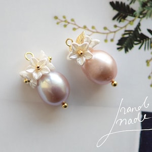 Pearls with small flowers charms, Fresh water pearl charms, Baroque pearl charms, pearl  earring,Real 14K Gold Plated