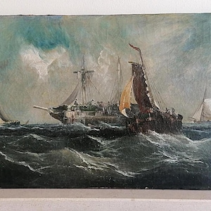 Peinture à l'huile ancienne paysage marin avec voiliers, années 1870-1890, peintre inconnu - Livraison gratuite incluse