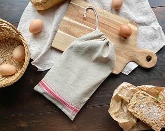 Leinen Brotbeutel | Brötchenbeutel aus Naturleinen | nachhaltige Lebensmittel Aufbewahrung Küche | Leinensack aus Vintage Mangeltuch