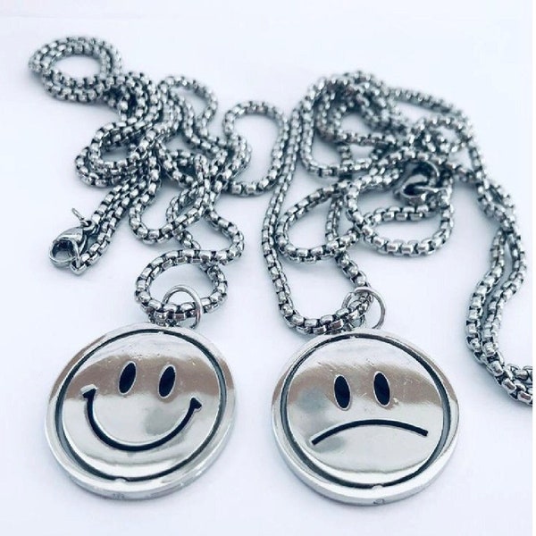 Sad Happy Face Spinner Necklace, Flip Face Necklace