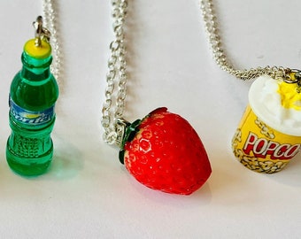 Quirky Necklaces, Strawberry, Sheep, Swan, Gingerbread Man, popcorn, Sprite bottle