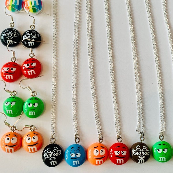 Funny Face m&m Earrings and Necklace, Quirky sweet candy