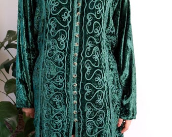 Tunica/vestito vintage indiano ricamato - Boho/Hippie - Velluto - Verde - L