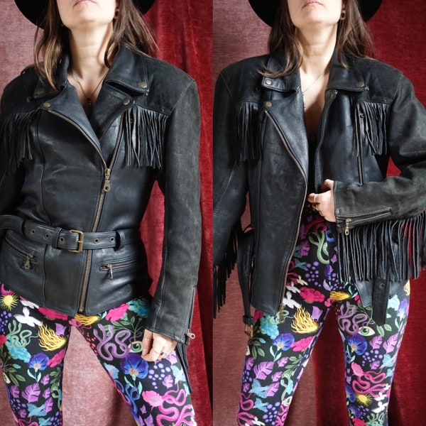 Veste Biker Fringe en cuir suédé vintage - Style Cowboy/Western - M