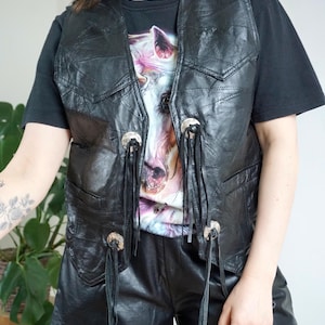 Vintage Leather Biker Gilet - Western Style - Black - Patchwork - Unisex - M/L