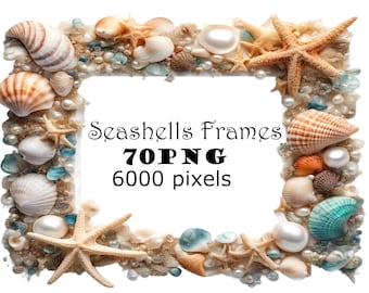 Tropische Muscheln Fotorahmen Clipart PNG Digital Download Bundle Strand Overlays Nautische Grenzen Ozean Themen Rahmen Shabby Chic Muscheln