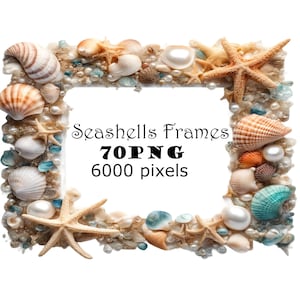 Cornici per foto di conchiglie tropicali Clipart PNG Pacchetto di download digitale Sovrapposizioni di spiaggia Bordi nautici Cornici a tema oceano Conchiglie shabby chic