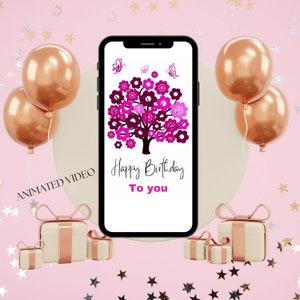 Blühender rosa Baum animierte Mobile Geburtstags-Grafikkarte Digital-Geburtstags-E-Karte für sie rosa Blumen-Geburtstags-Video-Geschenk an das Telefon senden