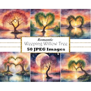 Acuarela Sauce Llorón Árbol Romántico Atardecer Clipart Willow Aniversario Gráfico Acuarela Deshierbe Aniversario San Valentín Clipart
