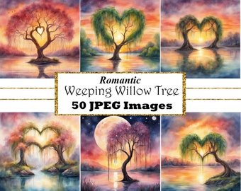 May include: A digital art print set of 50 images featuring weeping willow trees with heart-shaped canopies. The trees are depicted in various settings, including lakes, sunsets, and starry nights. The images are in a romantic style, with soft colors and dreamy lighting.