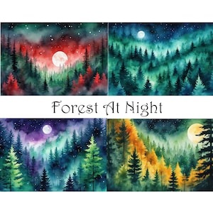 Bos bij nacht aquarel clipart bos bij maanlicht grillige illustraties schemering bos hemelse bos sterrennacht bos beelden