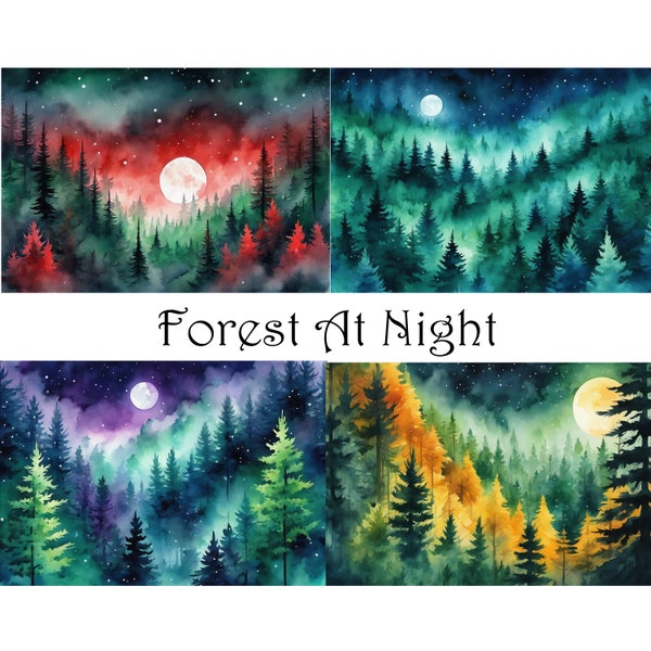 Forest At Night Watercolor Clipart Forest at Moonlight Whimsical Illustrations Twilight Woodland Celestial Forest Starry Night Forest Images
