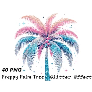 May include: A glittery pink and blue palm tree with a sparkling trunk and coconuts. The tree is surrounded by small white stars.