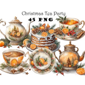 Clip Art Noël Tea Party hiver vacances thé tasses Noël théière PNG vacances thé téléchargement immédiat Bundle usage commercial support transparent